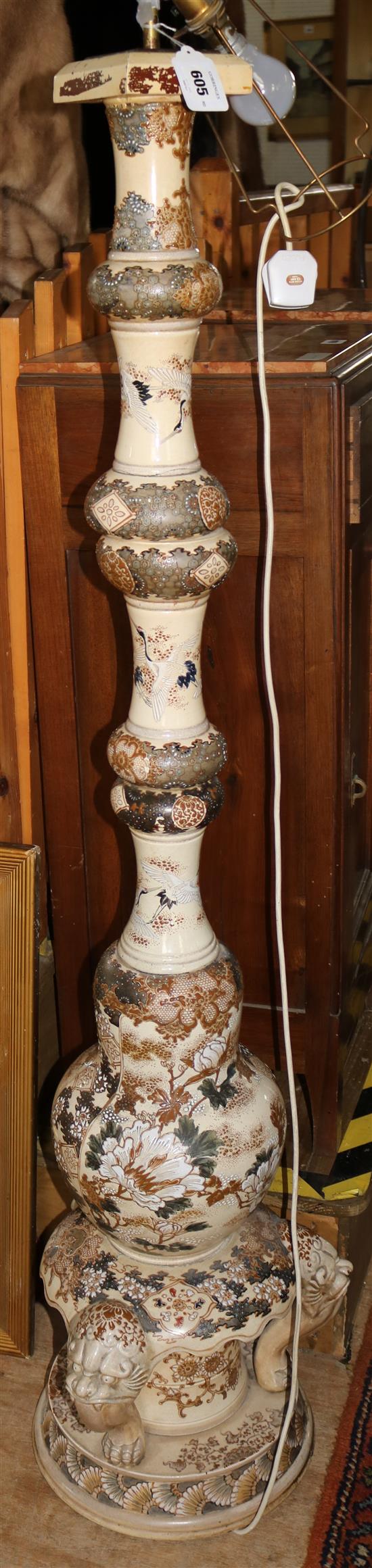 An unusual early 20th century Japanese Satsuma pottery standard lamp, H. 4ft 8in(-)